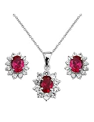 .925 Sterling Silver CZ Red and White Earrings and Matching Pendant-Necklace Set with 1.2mm Side Diamond-cut Cable Rolo Chain - 16"+1" Inches Extension