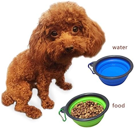 Portable folding dual-use pet bowl, including outdoor bowls clasp, blue and green set, with free Pet Doggie Garbage Trash Clean-up Bag, BPA-free