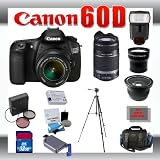 Canon EOS 60D 18 MP Digital DSLR Camera with Canon 18-55mm and 55-250mm Lens for Canon Digital SLR Cameras + Wide Angle Lens with Macro Extension + Telephoto Digital Conversion Lens + 32GB Memory Card + SD Memory Card Reader + Li-Ion Replacement Battery Pack + Deluxe Cleaning Kit + Carrying Case + Tripod + LCD Protectors + Digital Flash + Cleaning Cloth Deluxe Kit + 3 Piece Lens Kit