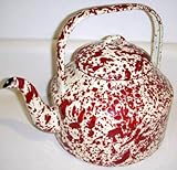 Enamelware 3 Quart Tea Kettle, Burgundy on Cream Marble
