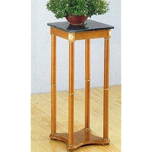 Oak Finish Wood Plant Stand in Green Marble Side End Table Top by 