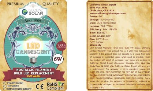 LEDcandescent 6W Nostalgic Filament COB LED bulb to replace 50W incandescent.