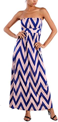 Women's Chevron Maxi Dress Strapless Comes in Mint, Coral, Black or Royal Blue Sizes: Small, Medium and Large (Large, Royal Blue)