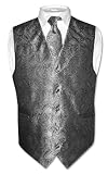 Covona Men's CHARCOAL GREY Color Paisley Design Dress Vest NeckTie Set for Suit or Tuxedo