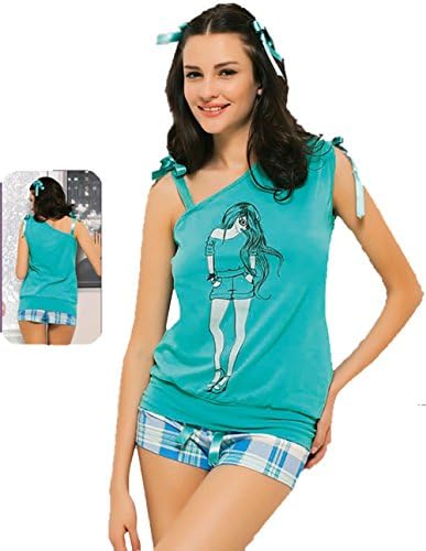 Maranda Women Sexy Short Pajama Set Spring Loungwear (Large fits (Small) US Size, Green Plaid)
