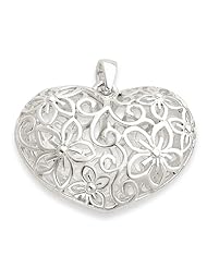 Genuine .925 Sterling Silver Flower Filigree Design Puffed Heart Pendant. 100% Satisfaction Guaranteed.