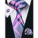 Hi-Tie Classic Gold Champagne Tie Pocket Square and Cufflinks Gift Box set Woven Silk Wedding Necktie (Blue pink plaid)