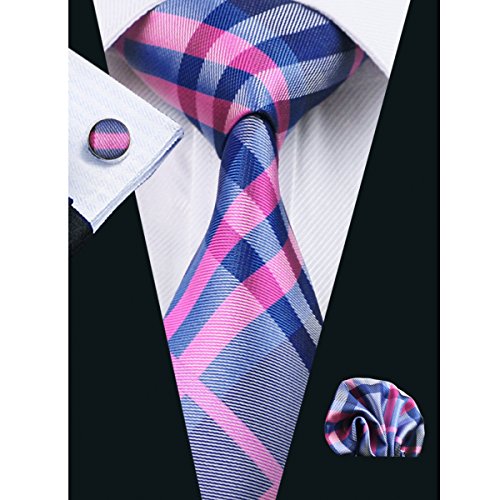 CAOFENVOO Men's Plaid Check Tie Hanky Cufflinks Set