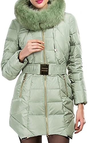 Yypm Women's Large Fox Fur Trim Mid Length Hooded Slim Down Coat with Belt Light Green XL