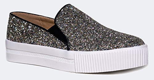 Women's Platform Slip On Flat Sneaker - Elastic Pull on Low Casual Fashion Vegan Leather glitter Shoe