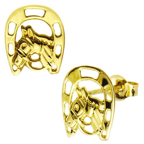 14k Yellow Gold Horseshoe Horse Stud Earrings