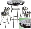 CHECKER FLAG NASCAR RACING Glass Top Chrome Bar Table Set With 4 Swivel Bar Stools