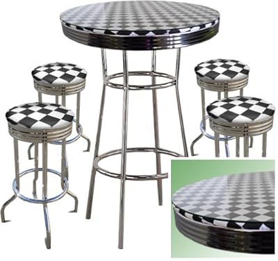 CHECKER FLAG NASCAR RACING Glass Top Chrome Bar Table Set With 4 Swivel Bar Stools