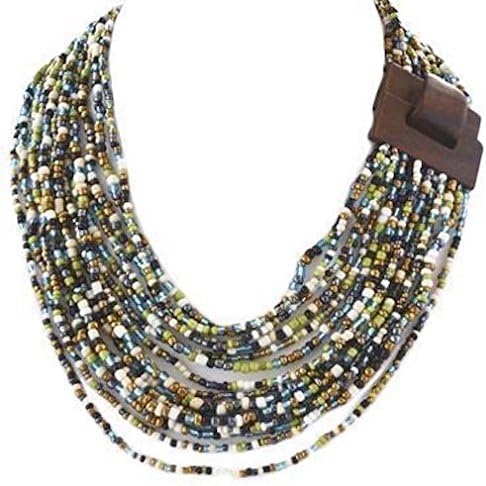 The Beaded Soul Women's Seed Bead Necklace with Wooden Buckle Closure 18'' Bermuda