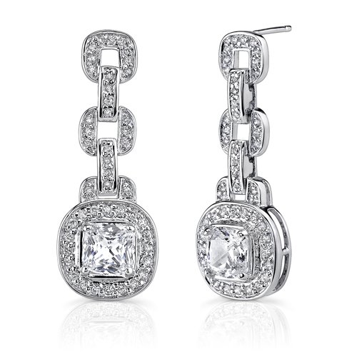 Inspired Perfection: Sterling Silver Designer Inspired Bridal Style Dangle Earrings with Cushion-cut 7mm Cubic Zirconia