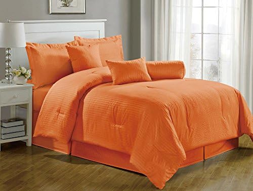 Chezmoi Collection 7-pieces Hotel Dobby Stripe Duvet Cover Set, King, Tangerine