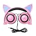Cat Ear Headphones with Glowing Lights for Girls, IPRO Wired Gaming Folding LED Anime Over-Ear Headsets with Flashing Ears for Computer, Tablet, Phones, MP3, MP4, etc - Pink