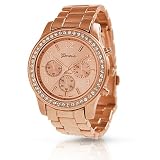 Geneva Rose Gold Plated Classic Round CZ Ladies Boyfriend Watch ~ Geneva