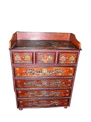 India Ethnic Drawer Chest Red Painted Lotus Floral Motifs Cabinet CLEARANCE