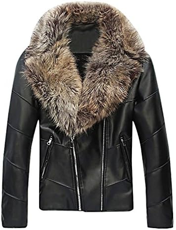 LAZERE Men's Faux Fur Collar Asymmetric Zipped Faux Leather Fitted Stylish Jacket, Black Large