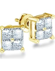 14k Yellow OR White Gold Princess Square Cut Channel Set Diamond 4-Prong Stud Earrings - 5mm Height * 5mm Width (1/2 cttw)