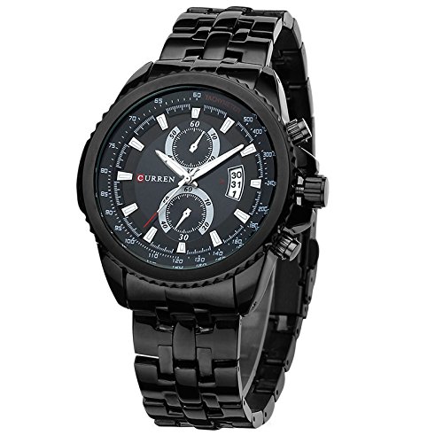 Uniprod Men's Stainless Steel Quartz Sport Round Watch Water Resistant Wrist Watch (Black)