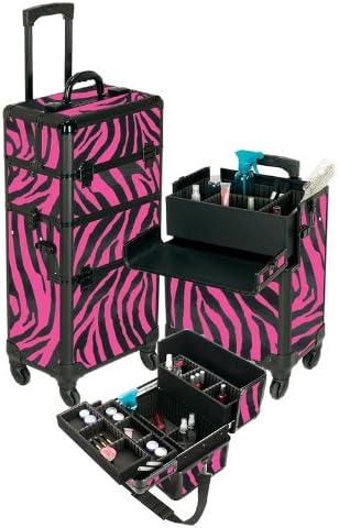 Seya Pro Aluminum Cosmetic Makeup Case 4 Wheeled Spinner w/ Adjustable Dividers (Pink Zebra)