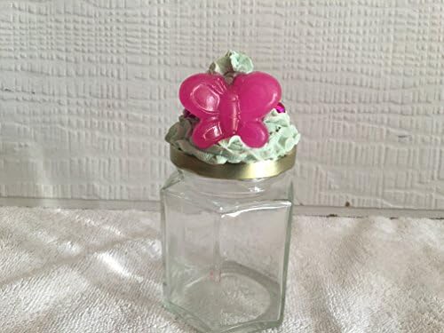 Decorated Jar With Pastel Green Fake Icing Cupcake & Pink Butterfly Jar Topper 6.5 Oz.