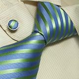 Blue green striped men ties birthday gift mens accessories silk neck tie cuff links set A1049