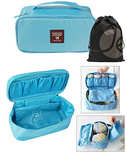 Travel Underwear Bra and Garment Soft Box Organizer with Removable Zipper Pouch, Handle and Bonus Drawstring Bag