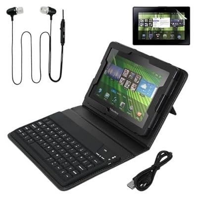 Skque Black Leather Case with Bluetooth Keyboard + Screen Protector + Earphone W/mic for Blackberry Playbook Tablet