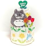 16028 おむつケーキ2段男女共用　♪となりのトトロ♪ハンドタオルとフルーツの歯固め 出産祝い