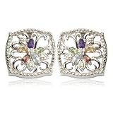 Rhodium Overlay Sterling Silver Multi-Gemstone Intricate Flower Post Earrings