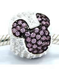 .925 Sterling Silver " Jeweled Mickey - Lt Pink and Clear Cz " Charm Bead Spacer Compatible with Pandora Chamilia Troll Bracelet
