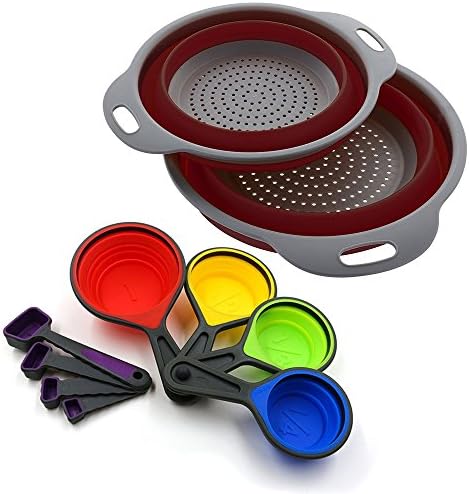 Collapsible Silicone Colander/Strainer - Includes 2 Sizes 8 and 9.5 inch - Silicone Measuring Cups &amp; Spoons 8 pieces set (BPA Free)