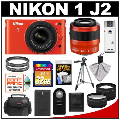 Nikon 1 J2 Digital Camera Body with 10-30mm & 30-110mm VR Lens (Orange) with 32GB Card + Case + Battery + Filters + Tripod + Remote + Wide-Angle & Telephoto Lenses + Accessory Kit