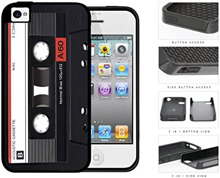 Black Cassette Tape Music Retro 2-Piece Dual Layer High Impact Rubber Silicone Cell Phone Case Apple iPhone 4 4s