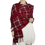 Cross Stripe Crochet Flower Accented Tassel Ends Large Wool Scarf Shawl - Various Colors Available