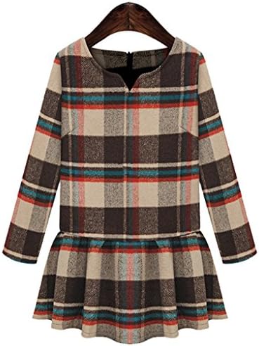 Heany Womens V-neck Long-sleeved Woolen Plaid Dress