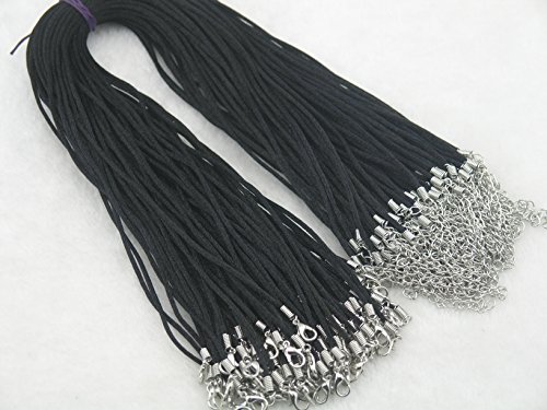 KONMAY 50pcs Black Satin Silk Necklace Cord 2.0mm/20   with 2   Extension Chain Lead&nickel Free
