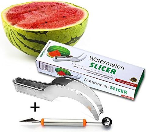 Watermelon Slicer With Melon Baller Scooper Set - Durable Stainless Steel 430 Watermelon Cutter Tongs Corer Server For Hami Melon Juicy Slices &amp; Fruit Decoration By MSKITCHEN