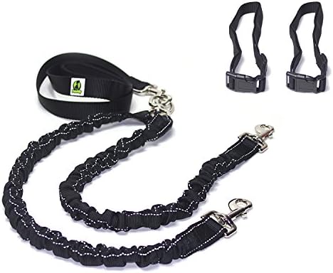 PetsAlly Double Dog Leash+Dog Collar, Dual Bungee Reflective Dog Leash, Tangle Free Comfortable Anti-Slip Handle Leash 1 for 2 Dogs (With Dog Collar, 70inch)