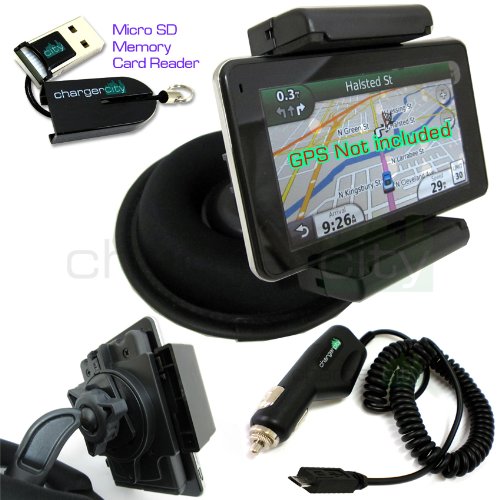 Chargercity OEM Beanbag Friction Mount Kit for Garmin Nuvi 3790 3790T 3760 3760T 3750 3750T 3710 3710T 3700 3700T GPS w/ Micro USB Card Reader, Bracket Cradle, Car Charger Vehicle Power Cable & Portable Garmin Dashboard Friction Mount (Manufacture Direct Replacement Warranty)