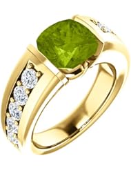 18K Yellow Gold 8.00x8.00mm Antique Cushion Cut Peridot and Diamond Ring -- LIFETIME WARRANTY