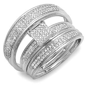 0.50 Carat (ctw) 10k White Gold Round Diamond Mens & Womens Micro Pave Engagement Ring Trio Bridal Wedding Band Set