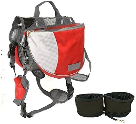 Sir Wag Dog Backpack Adjustable Saddlebag (Large, Red) and Set of 2 Folding Pet Bowls - 3 Items Bundle