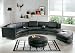 Contemporary Furniture Black Leather Curved Sectional Sofa with Ottoman and Mini Bar-Table Set