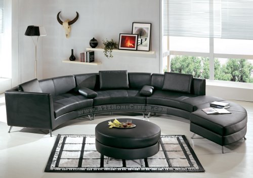 Contemporary Furniture Black Leather Curved Sectional Sofa with Ottoman and Mini Bar-Table Set