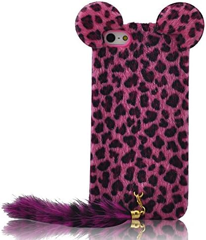 BJS Leopard Print 3D Cartoon Cat Ear Soft TPU Case with Fluffy Plush Tail for Apple iPhone 5 5S with Free Stylus Pen and Screen Protector(Hot Pink)