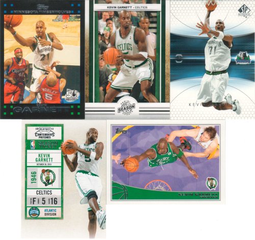 Kevin Garnett 5 Card Gift Lot Containing One Each of His 2009 Topps, 2010 Panini Season Update and Playoff Contenders Patches Boston Celtics Cards and His Topps and 2004 SP Authentic Minnesota Timberwolves Mint Condition Cards. Shipped in a 100 Card Cardboard Storage Box!